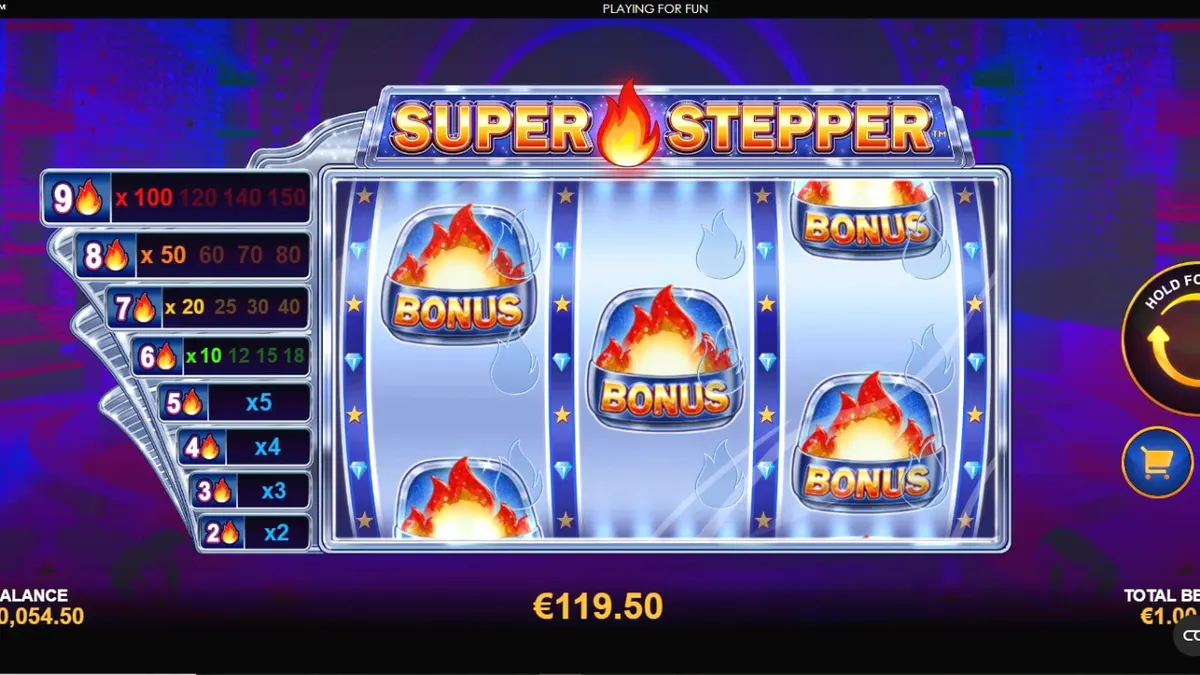 Interface neon e futurista do slot Super Stepper com símbolos cromados
