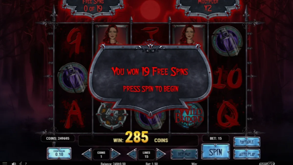 Cena atmosférica do jogo de slot Wild Blood com elementos góticos e vampíricos